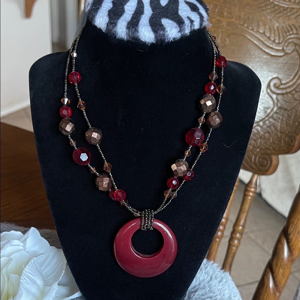 Lia Sophia Red and Brown Beaded Necklace